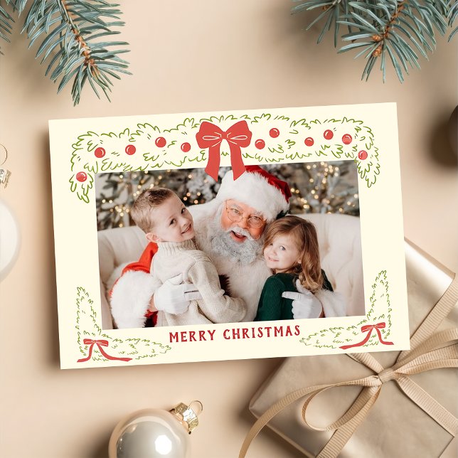 Cartão De Festividades Hand Drawn Red Green Bow Christmas Holiday Card (Criador carregado)