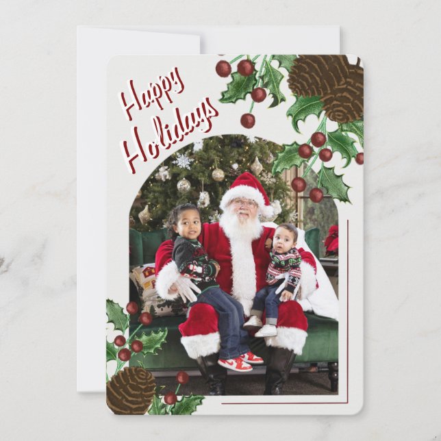 Cartão De Festividades Hand Drawn Rustic Pinecone & Holly Christmas Photo (Frente)