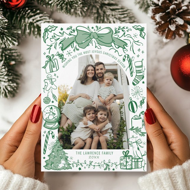 Cartão De Festividades Hand Drawn Scribble Bow Green Arch Photo Christmas (Hand drawn Christmas bow tree green scribbles doodles simple whimsical cute arch photo holiday card)