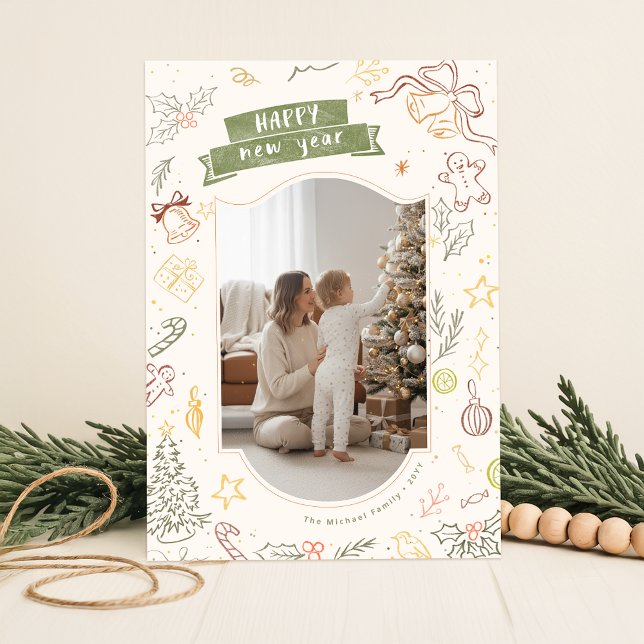 Cartão De Festividades Hand Drawn Scribble Doodle Family Photo Christmas (Criador carregado)