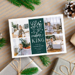 Cartão De Festividades Hand Lettered Glory | Christmas Photo Collage Card<br><div class="desc">Modern typography based holiday photo card features four of your favorite photos in a square format, with "Glory to the newborn king" centered in white hand lettered style typography on festive forest green. Personalize with your family name, individual names and/or your custom Christmas message. Cards reverse to a pattern of...</div>