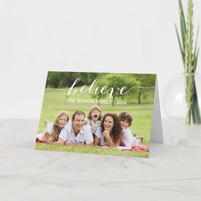 Cartão De Festividades Handwriting Believe | Holiday Photo Greeting Card (Frente)