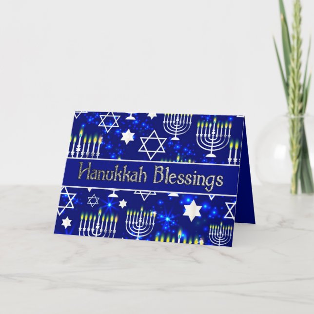 Cartão De Festividades Hanukkah abençoa Menorah Blue & Silver (Frente)