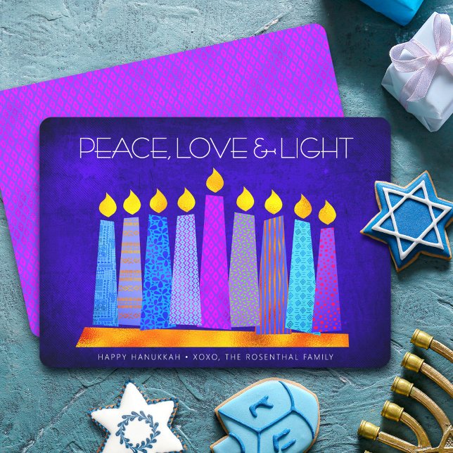 Cartão De Festividades Hanukkah Blue Boho Padrão Vela Paz Luz de Amor (Criador carregado)