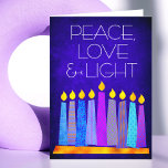 Cartão De Festividades Hanukkah Blue Boho Padrão Vela Paz Luz de Amor<br><div class="desc">"Paz, amor e luz." Uma ilustração lúdica, moderna e artística das velas de padrão de feto em uma menorah ajuda você a lançar no feriado de Chanucá. Velas azuis cortadas com padrões coloridos de folha de alumínio sobrepõem um fundo rico e profundo de textura azul. Sinta o calor e a...</div>