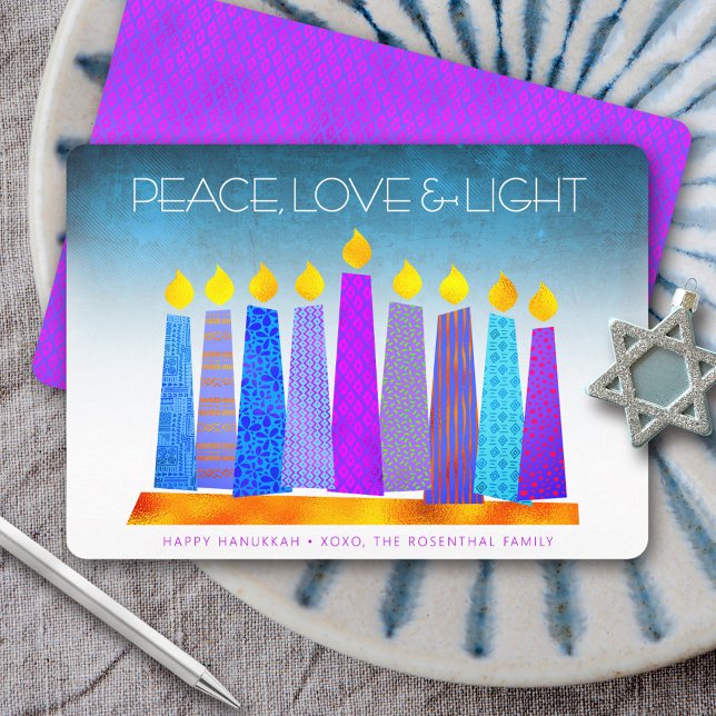 Cartão De Festividades Hanukkah Boho Candles Turquoise Peace Love Light (Criador carregado)
