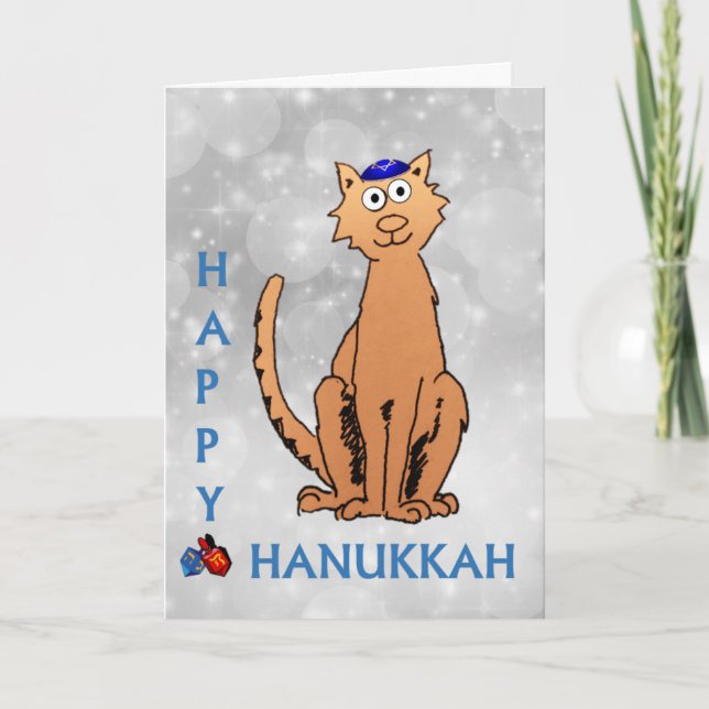 Cartão De Festividades Hanukkah Cat Dreidel Silver Holiday Card (Frente)