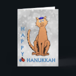 Cartão De Festividades Hanukkah Cat Dreidel Silver Holiday Card<br><div class="desc">Cat lovers will be delighted with this fun whimsical "Hanukkat" photo card, featuring a drawing of an orange brown curious tabby cat wearing a kippah, with red and blue dreidels and "Happy Hanukkah" text in blue. Personalize with your name or message as a Hannukah / Chanukah card during the Jewish...</div>