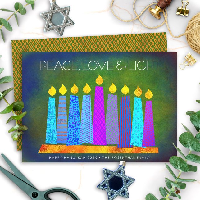 Cartão De Festividades Hanukkah Chic Boho vela paz amor verde claro (Criador carregado)