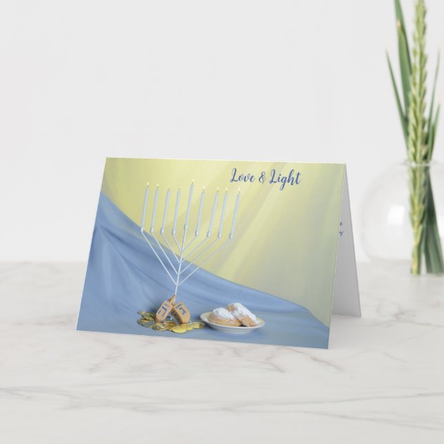 Cartão De Festividades Hanukkah Coins Dreidel Doughnut White Menorah (Frente)