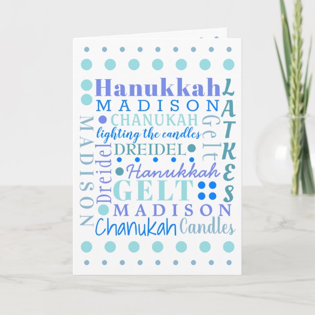 Cartão De Festividades Hanukkah Collage Light Blue Legal Childs Name (Frente)