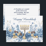 Cartão De Festividades Hanukkah de cores aquáticas de texto personalizado<br><div class="desc">Este maravilhoso cartão de saudação Feliz Hanukkah, estilo aquarela, é perfeito para adicionar um toque pessoal às suas comemorações de feriado! A frente do cartão apresenta uma menorah perfeitamente ilustrada com todas as velas acesas, rodeadas por uma elegante folhagem de tons azuis, sonhos e moedas. O efeito da aquarela suave...</div>