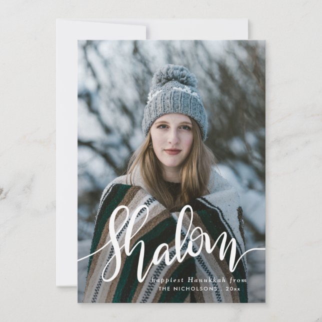 Cartão De Festividades Hanukkah de Sobreposição de Fotos do Script Branco (Frente)
