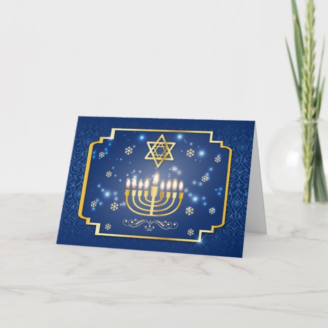 Cartão De Festividades Hanukkah decorativo azul e dourado (Frente)