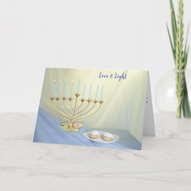 Cartão De Festividades Hanukkah Dreidel Coins Doughnut Dourado Menorah (Frente)