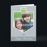 Cartão De Festividades Hanukkah Dreidel Framed Greeting Card<br><div class="desc">Dreidels are part of the Hanukkah tradition and this greeting card makes it a fun part of the season by enclosing your photo within the outline of a dreidel. It sits against a subtle Star of David light gray background with a gray bar accentuating the main Hanukkah message. Add your...</div>