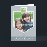 Cartão De Festividades Hanukkah Dreidel Framed Greeting Card<br><div class="desc">Dreidels are part of the Hanukkah tradition and this greeting card makes it a fun part of the season by enclosing your photo within the outline of a dreidel. It sits against a subtle Star of David light gray background with a gray bar accentuating the main Hanukkah message. Add your...</div>