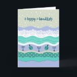 Cartão De Festividades Hanukkah Dreidels Menorah Lace Scrapbook<br><div class="desc">Esta placa de Chanucá apresenta elementos azuis,  aqua e lavandas de raspagem,  incluindo papel rasgado,  rendas,  sonhos,  menorras e neve caindo. Nota: todos os elementos são criados digitalmente e não são itens tridimensionais reais. Para adicionar texto ou imagens,  clique em "Personalizar".</div>