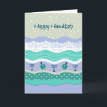 Cartão De Festividades Hanukkah Dreidels Menorah Lace Scrapbook<br><div class="desc">Esta placa de Chanucá apresenta elementos azuis,  aqua e lavandas de raspagem,  incluindo papel rasgado,  rendas,  sonhos,  menorras e neve caindo. Nota: todos os elementos são criados digitalmente e não são itens tridimensionais reais. Para adicionar texto ou imagens,  clique em "Personalizar".</div>