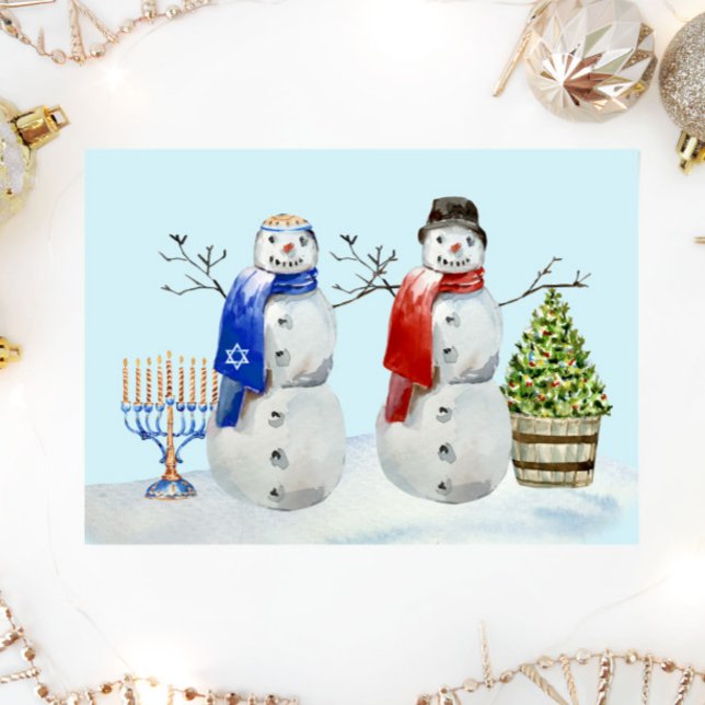 Cartão De Festividades Hanukkah e Natal Boneco de Neve Aquarela (Criador carregado)