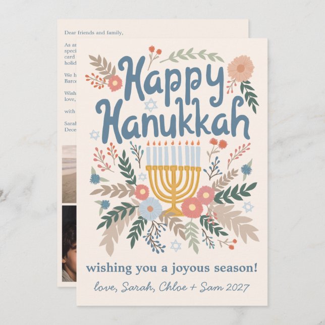 Cartão De Festividades Hanukkah FLorals Art PERSONALIZADO em mão 4 FOTO (Frente/Verso)