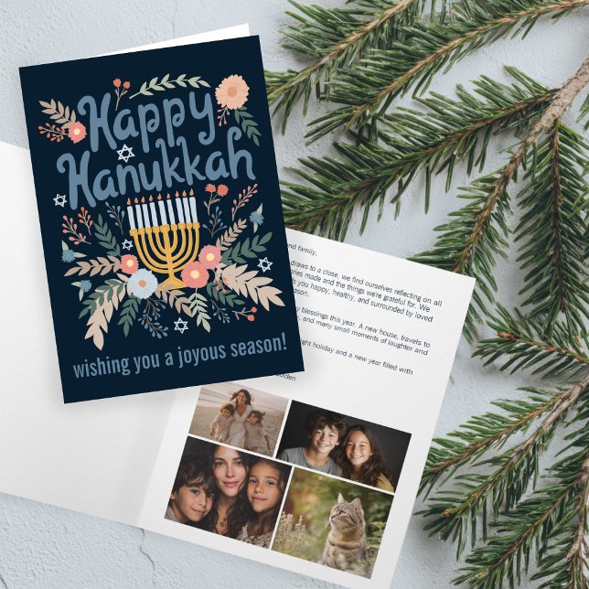Cartão De Festividades Hanukkah FLorals Art PERSONALIZADO em mão 4 FOTO (Hanukkah FLorals Hand-drawn Art CUSTOM 4 PHOTO Holiday Card
)