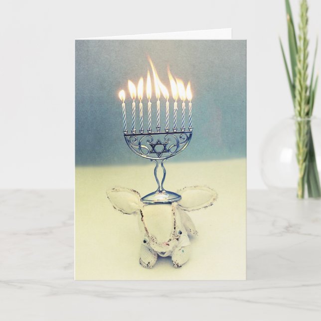 Cartão De Festividades Hanukkah Greeting Card - Aldo a Rabbit and Menorah (Frente)
