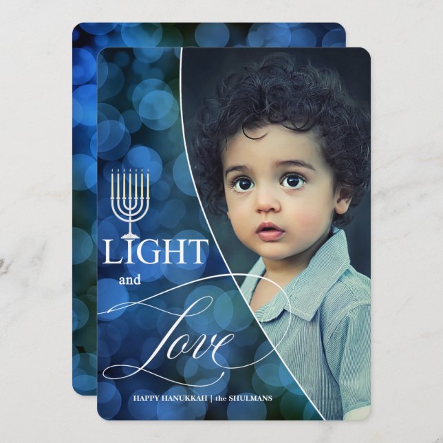 Cartão De Festividades Hanukkah Light and Love with Name and Photo (Frente/Verso)