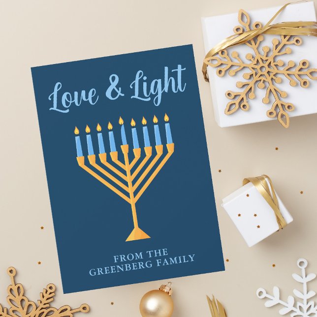 Cartão De Festividades Hanukkah Love & Light Custom Menorah Blue (Criador carregado)