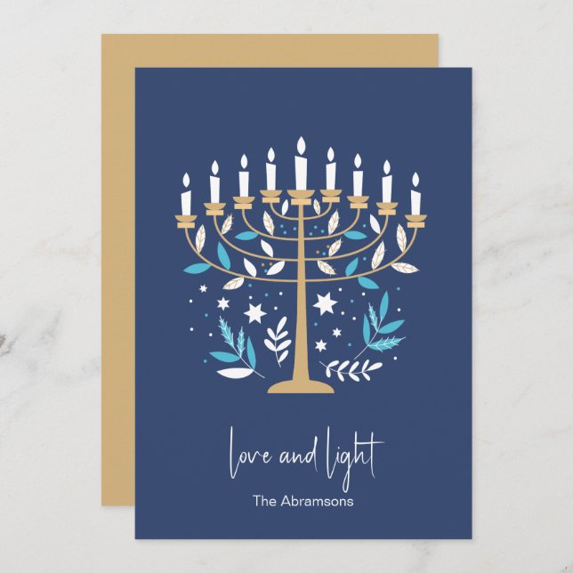 Cartão De Festividades Hanukkah Love & Light Floral Menorah Card (Frente/Verso)