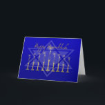 Cartão De Festividades Hanukkah Menorah Blue<br><div class="desc">Lit Menorah in gold and blue on dark blue background with Star of David.</div>