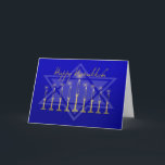 Cartão De Festividades Hanukkah Menorah Blue<br><div class="desc">Lit Menorah in gold and blue on dark blue background with Star of David.</div>