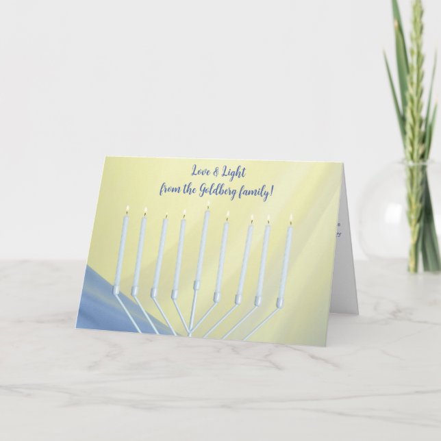 Cartão De Festividades Hanukkah Menorah branco e velas "Amor e Luz" (Frente)