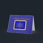 Cartão De Festividades Hanukkah Menorah Card<br><div class="desc">Menorah and Star of David in gold frame on blue background.</div>