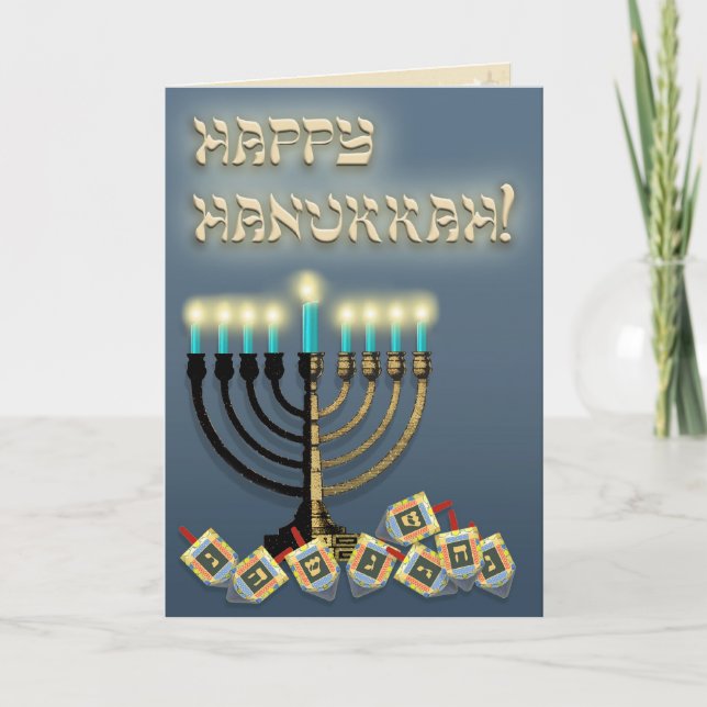 Cartão De Festividades Hanukkah Menorah e Dreidels (Frente)