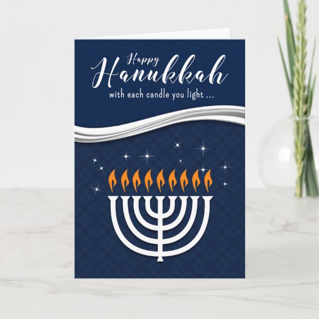 Cartão De Festividades Hanukkah Menorah no Tema Moderno Azul e Branco (Frente)