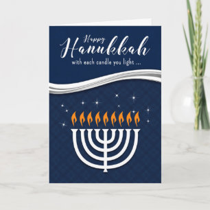 Cartão De Festividades Hanukkah Menorah no Tema Moderno Azul e Branco