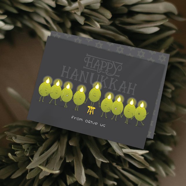 Cartão De Festividades Hanukkah Menorah Olives | Grupo de Cinzas Escuras (Criador carregado)