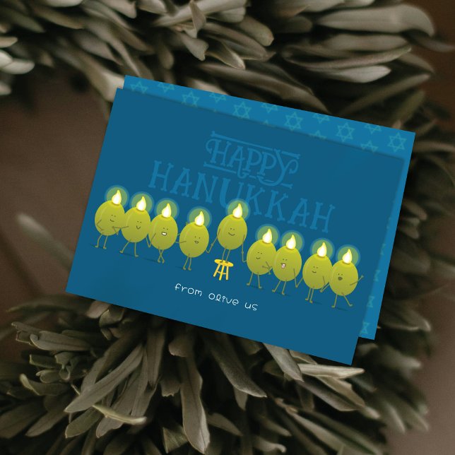 Cartão De Festividades Hanukkah Menorah Olives | Teal Blue Group (Criador carregado)
