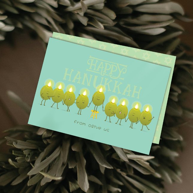 Cartão De Festividades Hanukkah Menorah Olives | Teal Green Group (Criador carregado)