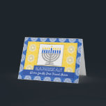 Cartão De Festividades Hanukkah Menorah para a Estrela Amiga de David<br><div class="desc">Um menorah prateado com velas azuis em um fundo ornamentado decora o cobrir deste cartão feliz Hanukkah para um amigo. Adicione o nome do seu amigo ao cobrir para obter uma saudação personalizada. A placa tem uma aparência de textura de azulejo mosaico. Arte, imagem e direitos de autor versos ©...</div>