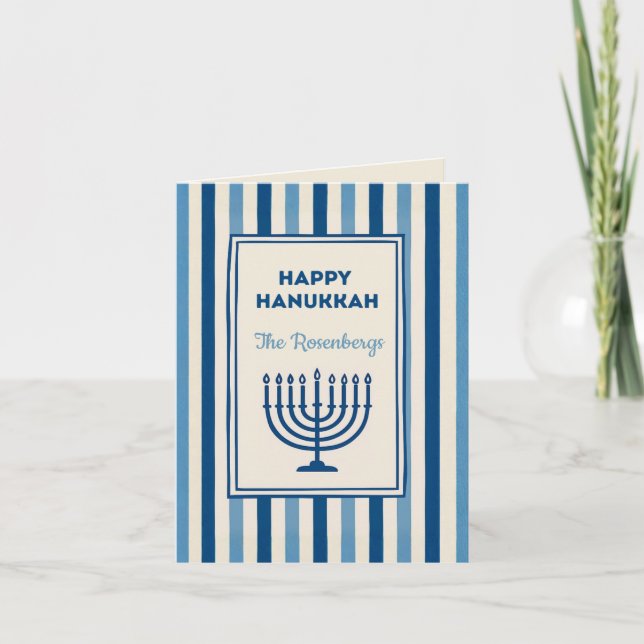 Cartão De Festividades Hanukkah Menorah Stripes Trendy Custom  (Frente)