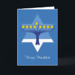 Cartão De Festividades Hanukkah Menorah Tree in Star of David<br><div class="desc">Symbolic artwork of a stylized menorah tree with nine branches over a winter snow scene inside the Star of David celebrating Hanukkah,  the Festival of Lights.</div>