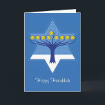 Cartão De Festividades Hanukkah Menorah Tree in Star of David<br><div class="desc">Symbolic artwork of a stylized menorah tree with nine branches over a winter snow scene inside the Star of David celebrating Hanukkah,  the Festival of Lights.</div>