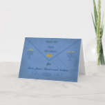 Cartão De Festividades Hanukkah Money Envelope Customizable Name<br><div class="desc">This elegant blue card with textured look resembles an envelope, designed for the presentation of Hanukkah "gelt" (money), and to make it completely personal, you can substitute the name(s) of the recipient(s) for what is shown. Two small menorahs and the words in Hebrew letters for "Hanukkah gelt" contribute to the...</div>