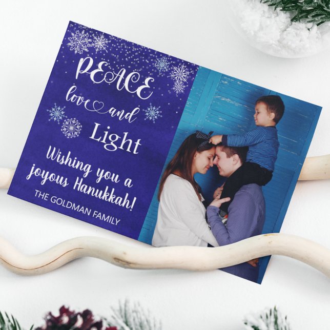 Cartão De Festividades Hanukkah Peace Love Light Photo Snowflake Blue (Criador carregado)