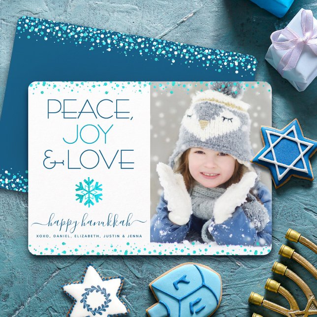 Cartão De Festividades Hanukkah Photo Peace Joy Love Snowflake Modern (Criador carregado)