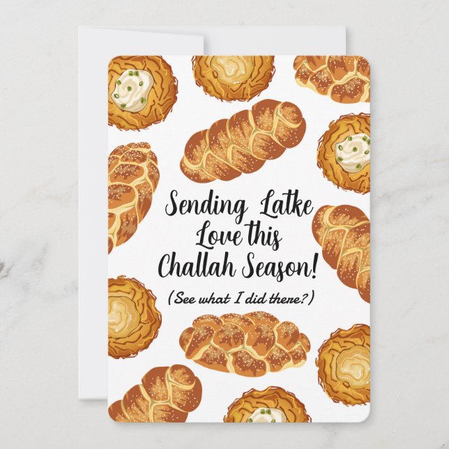 Cartão De Festividades Hanukkah Pun Illustration – Latkes and Challah (Frente)