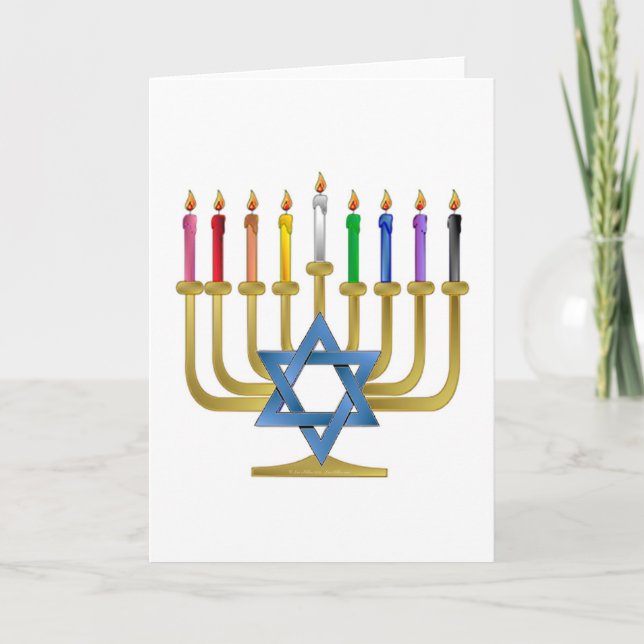 Cartão De Festividades Hanukkah Rainbow Candles Dourados Menorah (Frente)