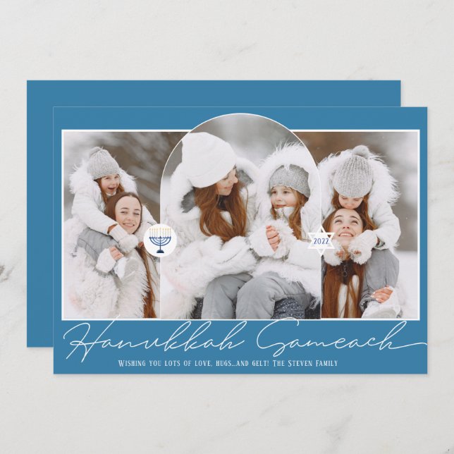 Cartão De Festividades Hanukkah Sameach legal roteiro azul menorah 3 foto (Frente/Verso)
